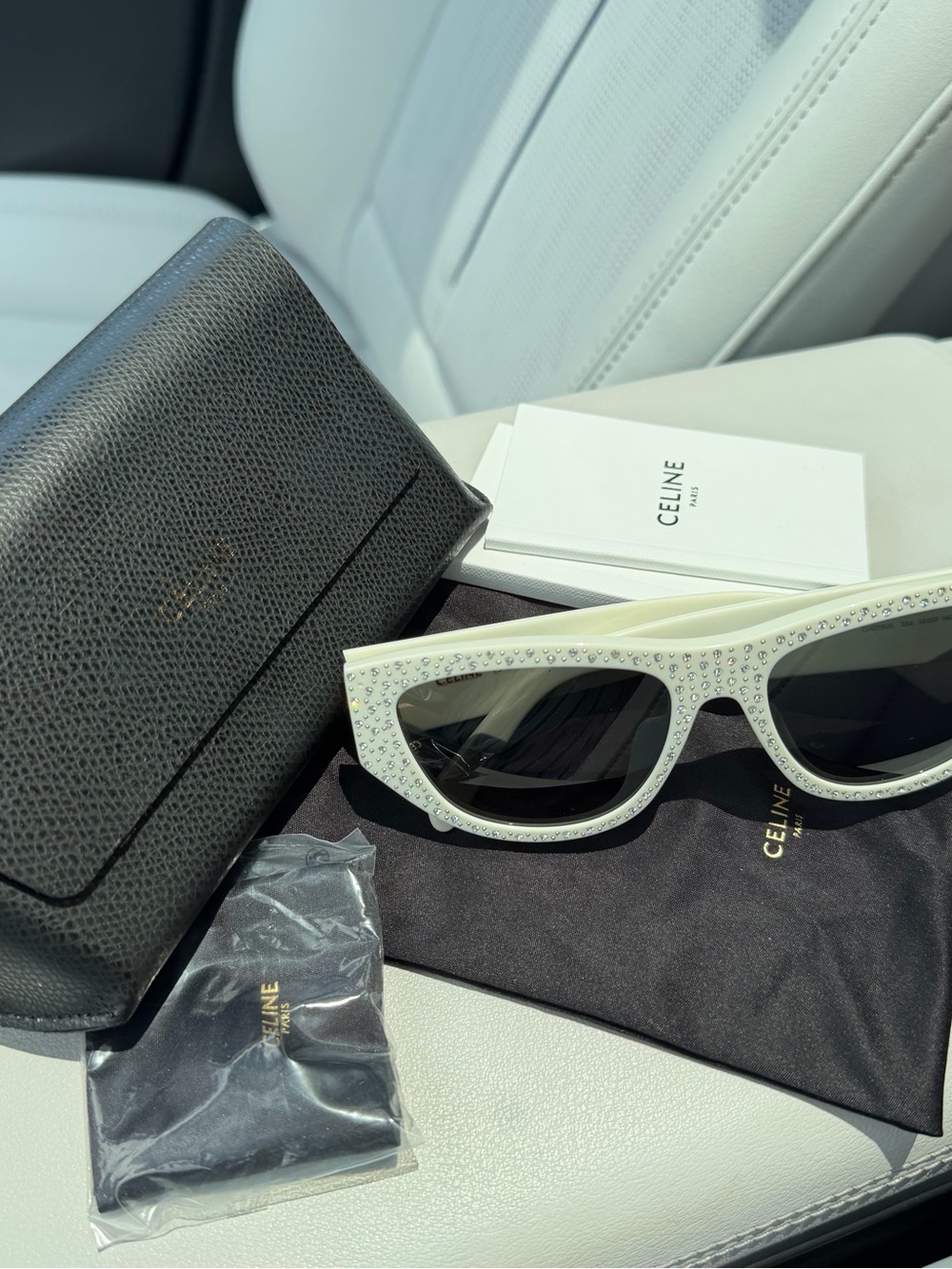 Celine White Crystal-Trim Cat-Eye Sunglasses with Dark Lenses